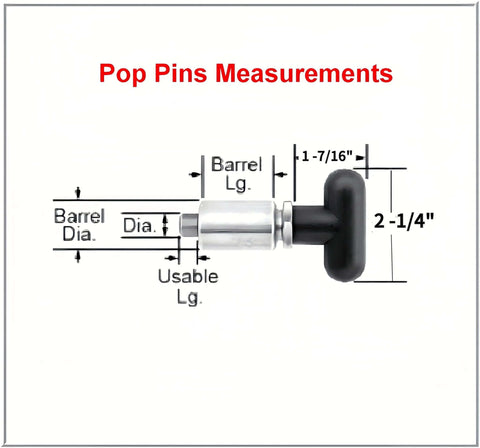 Diagram of 1/2" Diameter T knob Spring Loaded Pop Pin with zinc-plated steel plunger and black plastic T-handle knob showing measurements.