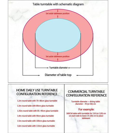 Diagram of table turntable configurations showing 30.7 Inch Glass Turntable For Dining Table Large Round Serving Plate.