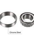 Single Row Tapered Roller Bearing Cone and Cup Set, chrome steel, front view showcasing bore and OD specs for machinery use.