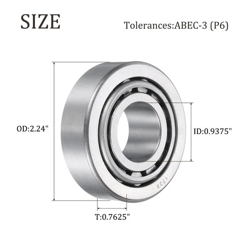 High load chrome steel tapered roller bearing cone and cup set provides reliable, smooth operation for heavy duty use, ABEC 3, size diagram