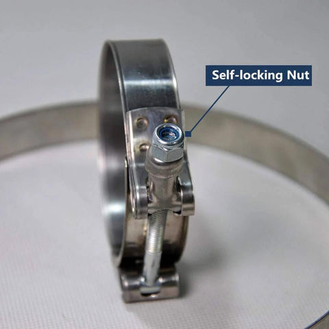 Close-up of TBolt Hose Clamp Heavy Duty Adjustable Clip For 3 Inch Hose ID Stainless Steel Bolt Band Floating Bridge Nylon Insert Locknut 72mm To 80mm 2 Pack Ideal For Automotive Marine Industrial Tools And HVAC Use With High Tensile Strength And Corrosion Resistance showing self-locking nut.
