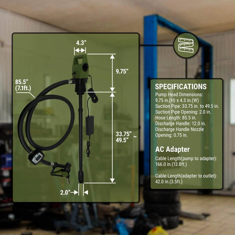 TERA PUMP - Electric 55 Gallon Drum Pump specifications display, showing dimensions and design with flow control nozzle and digital meter.