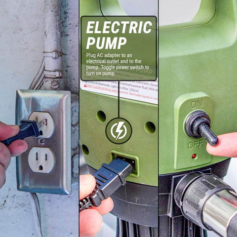 Plugging in TERA PUMP - Electric 55 Gallon Drum Pump with Digital Flow Meter and Telescopic Tube, power switch shown