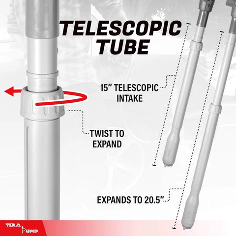 Close-up of TERA PUMP Portable Battery Powered Gas Transfer Pump telescopic intake tube with twist to expand feature.