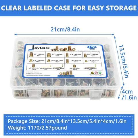Clear labeled case of 170 Piece Threaded Inserts Kit With 10 Sizes 1/4-20, 5/16-18, 3/8-16 for wood and furniture repairs.