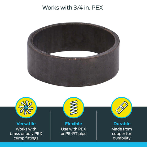 Image of a single SharkBite Three Quarter Inch Copper Crimp Ring, shown in front view, designed for PEX and PERT pipe connections.