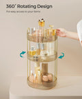 Three Tier Round Rotating Makeup And Skincare Organizer For Countertop Vanity in Champagne Gold showing 360° rotation feature.