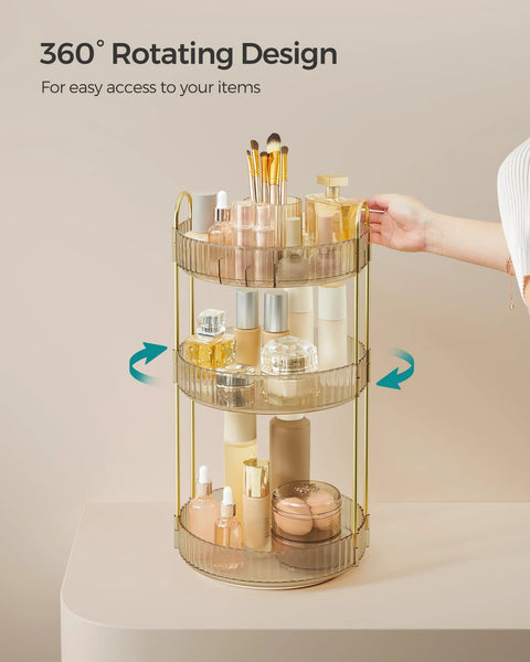 Three Tier Round Rotating Makeup And Skincare Organizer For Countertop Vanity in Champagne Gold showing 360° rotation feature.