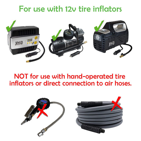 Image showing approved 12v tire inflators and warning against hand-operated inflators and direct hose connections.