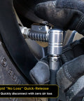 Close-up of Lightning L2X Quick Connect Locking Tire Inflator Air Chuck Extension connected to a tire valve.
