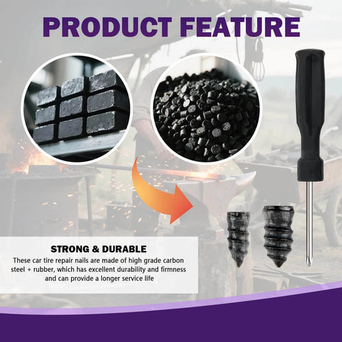 100PCS Car Tire Plug Kit,Practical Tire Screw Plug Repair Kit with Screwdriver/Tires Repair Rubber Nail for Quick Repairs,Essential Car Accessories Tires Repairs Screws showing rubber plugs and screwdriver