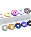 UFO Head Titanium Washers Set M4 To M10 Burnt Blue Belleville CNC Machined 4 Pack in various colors on display