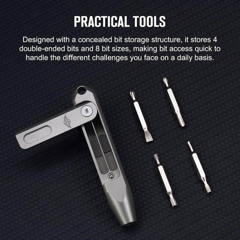 ✝️ OKNIFE Otacle D1 Titanium Small EDC Multi Bit Pocket Screwdriver, showing storage and S2 steel magnetic bits on dark background