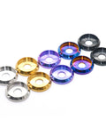 UFO Head Titanium Washers Set M4 To M10 Burnt Blue Belleville CNC Machined 4 Pack in assorted colors, front view.