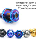 UFO Head Titanium Washers Set M4 To M10 Burnt Blue Belleville CNC Machined, colorful washers displayed with reference screw scenario.