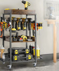 Workshop cart with tools on a wheeled stand, featuring 5 Inch Locking Swivel Casters With Brake, 1/2-13 X 1.5 Threaded Stem, Grey TPR Rubber Wheels.