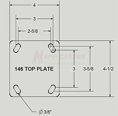 Technical diagram showing dimensions of the top plate for the Toolbox Caster Set - Heavy Duty 5" Phenolic Wheels | 4,000 Lbs. Capacity
