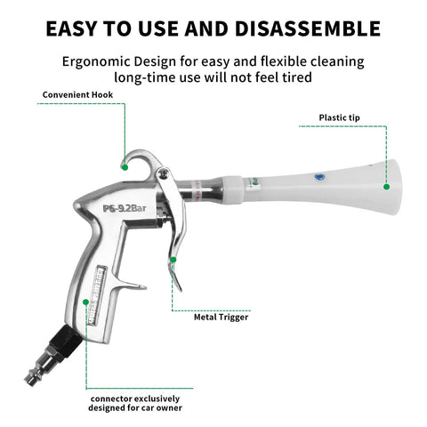 Powerful tornado dry cleaning gun with aluminum body, brass adjustable air flow nozzle, 360-degree swivel, and plastic tip.