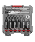 Top view of Real Avid Smart-Torq Fixed Limiter & X3 Driver Kit showing 6 torque limiters, bits, ratcheting driver, socket, and storage case.