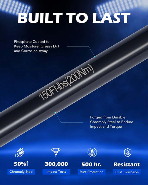 1/2 Inch Drive Torque Limiting Extension Bar, 150 ft-lb, black chromoly steel, phosphate coating details, durability features displayed
