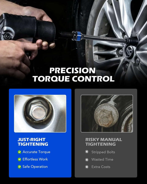 1/2 Inch Drive Torque Limiting Extension Bar, 150 ft-lb, Black, Chromoly Steel in use on car wheel