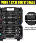 Open case displaying 1/2" Drive Torque Limiting Extension Bar Set, 10-Piece Lug Nut Torque Stick Set With 8 Inch Color-Coded 65 to 150 Ft-Lbs Torque Sticks.