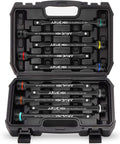 Open case showing 1/2" Drive Torque Limiting Extension Bar Set, 10-Piece Lug Nut Torque Stick Set With 8 Inch Color-Coded 65 to 150 Ft-Lbs Torque Sticks.