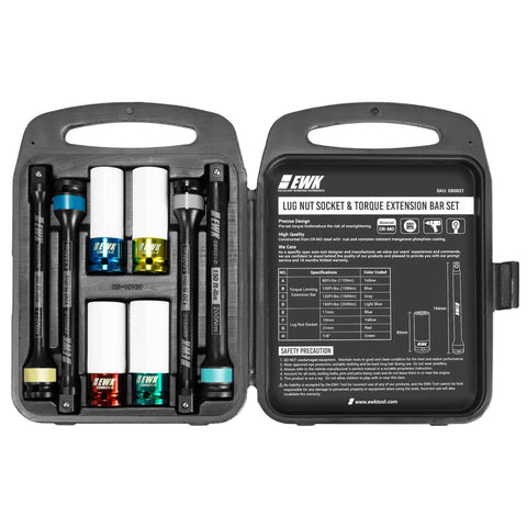 8-Piece 1/2" Drive Torque Limiting Extension Stick Set with Non-Marring Deep Impact Metric Lug Nut Sockets, case open.