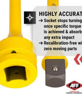 Torque Limiting Extension, 1" Drive, 175 ft/lbs, Yellow, 40417 close-up showing socket end with accuracy info text.