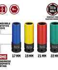 Colorful lug nut sockets from 8 Piece Torque Limiting Extension Bar and Socket Set with Free-Spinning Grip Handles, 17-22mm sizes.