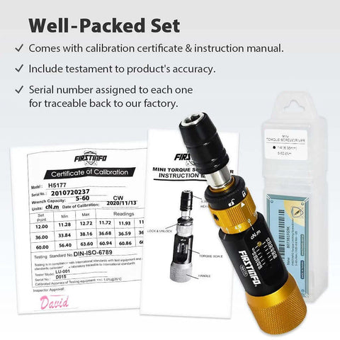 Torque Limiting Screwdriver 5-60 cNm (0.05-0.6 Nm), certificate and instruction manual displayed.