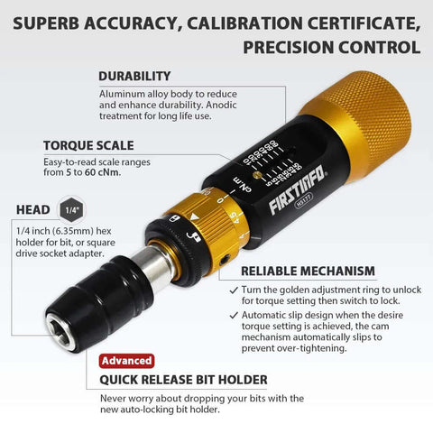 Torque Limiting Screwdriver 5-60 cNm (0.05-0.6 Nm), 1/4 Inch Universal Hex Quick Release Bit Holder, black and gold body, calibration details