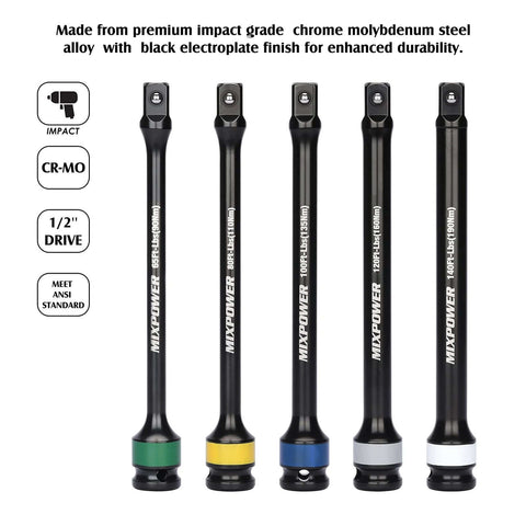 5 Piece 1/2" Drive Torque Limiting Socket Extension Bars, CR-MO, 8 Inch Long, Impact Grade Bars -Color Coded for Easy Identification