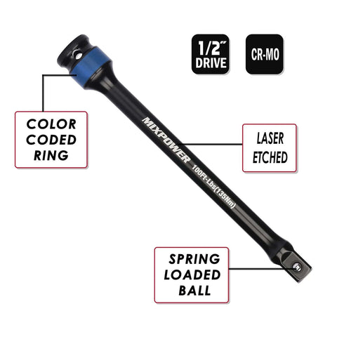 5 Piece 1/2" Drive Torque Limiting Socket Extension Bars, CR-MO, 8 Inch Long, Impact Grade Bars -Color Coded for Easy Identification