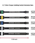 5 Piece 1/2" Drive Torque Limiting Socket Extension Bars, CR-MO, 8 Inch Long, Impact Grade Bars -Color Coded for Easy Identification, 65 to 140 Ft-Lbs, Impact Torque Limiter Set with torque ratings shown