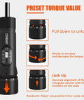 Close-up of torque screwdriver showing preset torque adjustments and scale markings, part of 49 Pcs Torque Screwdriver 10-70 Inch Pound Torque Screwdriver Set.