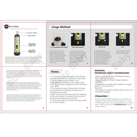 Instruction manual page for Torque Screwdriver Wrench Set 10-70 Inch Pounds, illustrating usage method and safety notes.