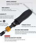 Diagram of Limited Torque Screwdriver 10-90 in-lbs with 1/4 Inch Universal Hex Bit Holder, Quick Release, showing features and T-Handle
