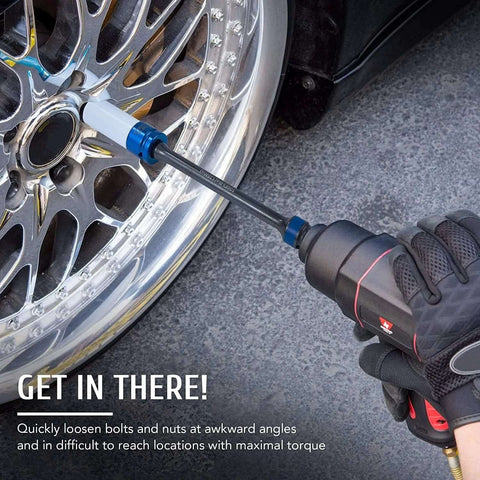 Using 10pc 1/2" Drive Torque Limiting Extension Stick Set with 8" 65-150 ft.-lb. Impact Torque Sticks on car wheel lug nut