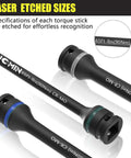 Laser-etched 1/2" Drive Torque Limiting Extension Bar Set, 10-Piece Lug Nut Torque Stick Set with color-coded 65 to 150 ft-lbs sticks.