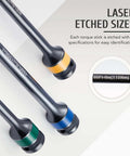 Close-up of 10pc 1/2" Drive Torque Limiting Extension Stick Set with 8" 65-150 ft.-lb. impact torque sticks showing laser-etched sizes.