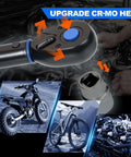 UPGRADE 3/8" Drive Click Torque Wrench, 5-50Ft.Lb, Dual-Direction Adjustable 72 Tooth, shown with tools and motorcycles, blue