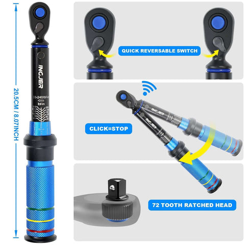 UPGRADE Mini 1/4" Drive Click Torque Wrench 20-240 in.lb with dual-direction, quick reversible switch, and 72 tooth ratchet head.