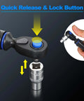 Close-up of UPGRADE Mini 1/4" Drive Click Torque Wrench showing quick release and lock button mechanism with hand demonstration.