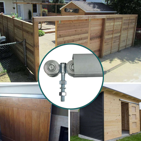 Two Pack Track Roller Wheels Set For Beam Trolley System With Box Rail Strut Channel installed on wooden sliding doors