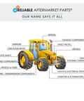 Diagram of tractor with labeled parts including mirrors, wipers, exhaust components by Reliable Aftermarket Parts.