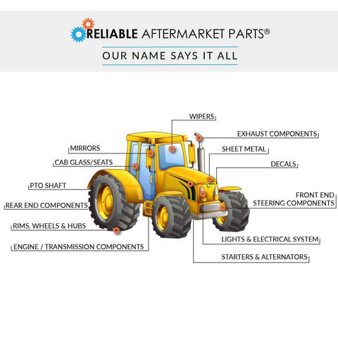 Diagram of tractor with labeled parts including mirrors, wipers, exhaust components by Reliable Aftermarket Parts.