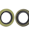 Close-up of two seals from the complete trailer wheel hub bearing kit for 1.0625 inch axles with seals, includes 4 bearings, 2 seals, cotter pins.