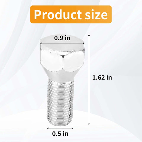 5 Pack 11062A Trailer Lug Bolts 1/2"-20 x 1-5/8", Solid Steel with Zinc-Plated Finish, size illustration showing dimensions.