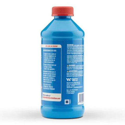 Back view of Transmission Sealer 16 Oz Stops Leaks In Automatic And Manual Transmissions Restores Dried Cracked And Shrinking Rubber Seals Prevents Fluid Loss And Leakage Permanent Seal For All Transmission Fluids bottle with instructions and warnings.